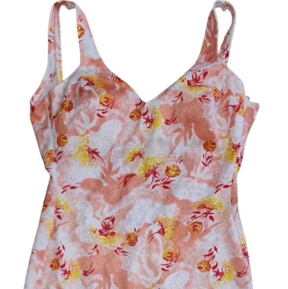 Vintage 70s Women's Swimsuit One Piece Size 40 Floral Orange White Retro Prop